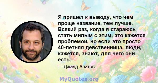 Я пришел к выводу, что чем проще название, тем лучше. Всякий раз, когда я стараюсь стать милым с этим, это кажется проблемой, но если это просто 40-летняя девственница, люди, кажется, знают, для чего они есть.