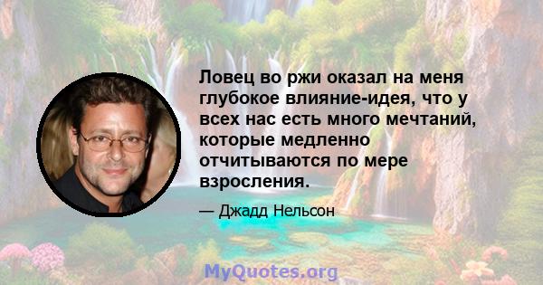 Ловец во ржи оказал на меня глубокое влияние-идея, что у всех нас есть много мечтаний, которые медленно отчитываются по мере взросления.