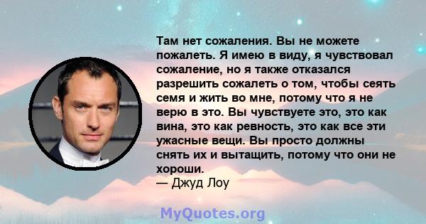 Там нет сожаления. Вы не можете пожалеть. Я имею в виду, я чувствовал сожаление, но я также отказался разрешить сожалеть о том, чтобы сеять семя и жить во мне, потому что я не верю в это. Вы чувствуете это, это как