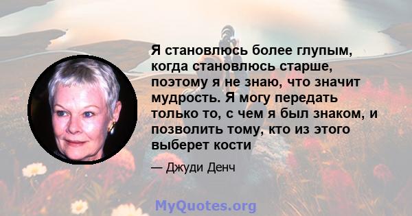 Я становлюсь более глупым, когда становлюсь старше, поэтому я не знаю, что значит мудрость. Я могу передать только то, с чем я был знаком, и позволить тому, кто из этого выберет кости