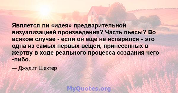 Является ли «идея» предварительной визуализацией произведения? Часть пьесы? Во всяком случае - если он еще не испарился - это одна из самых первых вещей, принесенных в жертву в ходе реального процесса создания чего