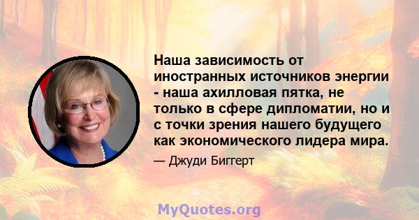 Наша зависимость от иностранных источников энергии - наша ахилловая пятка, не только в сфере дипломатии, но и с точки зрения нашего будущего как экономического лидера мира.