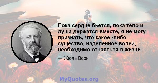 Пока сердце бьется, пока тело и душа держатся вместе, я не могу признать, что какое -либо существо, наделенное волей, необходимо отчаяться в жизни.