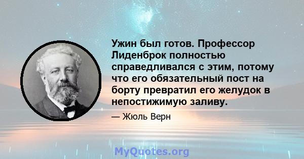 Ужин был готов. Профессор Лиденброк полностью справедливался с этим, потому что его обязательный пост на борту превратил его желудок в непостижимую заливу.