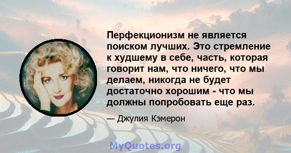 Перфекционизм не является поиском лучших. Это стремление к худшему в себе, часть, которая говорит нам, что ничего, что мы делаем, никогда не будет достаточно хорошим - что мы должны попробовать еще раз.