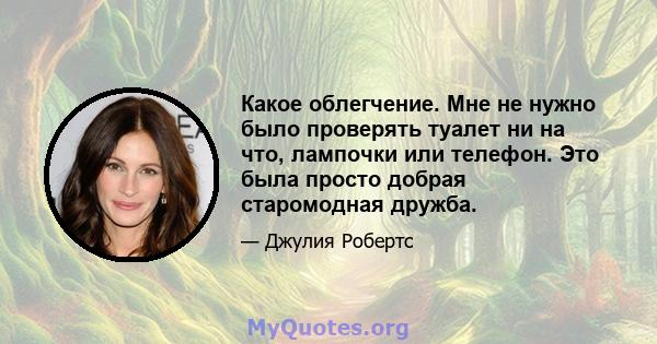 Какое облегчение. Мне не нужно было проверять туалет ни на что, лампочки или телефон. Это была просто добрая старомодная дружба.