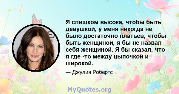 Я слишком высока, чтобы быть девушкой, у меня никогда не было достаточно платьев, чтобы быть женщиной, я бы не назвал себя женщиной. Я бы сказал, что я где -то между цыпочкой и широкой.