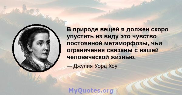 В природе вещей я должен скоро упустить из виду это чувство постоянной метаморфозы, чьи ограничения связаны с нашей человеческой жизнью.