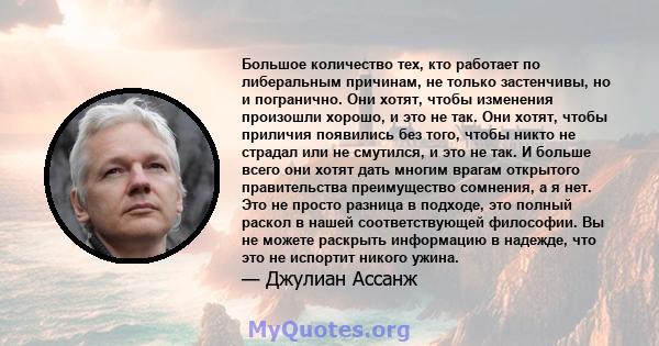 Большое количество тех, кто работает по либеральным причинам, не только застенчивы, но и погранично. Они хотят, чтобы изменения произошли хорошо, и это не так. Они хотят, чтобы приличия появились без того, чтобы никто