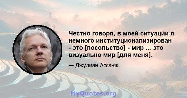 Честно говоря, в моей ситуации я немного институционализирован - это [посольство] - мир ... это визуально мир [для меня].