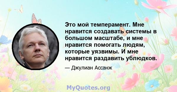 Это мой темперамент. Мне нравится создавать системы в большом масштабе, и мне нравится помогать людям, которые уязвимы. И мне нравится раздавить ублюдков.