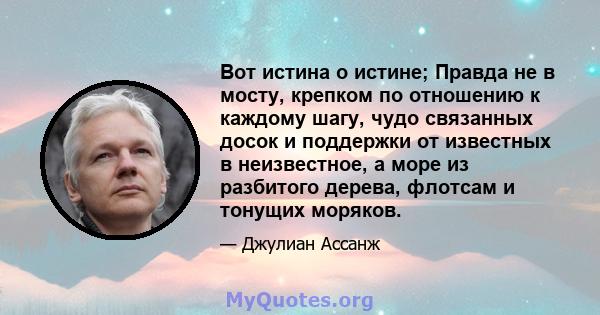 Вот истина о истине; Правда не в мосту, крепком по отношению к каждому шагу, чудо связанных досок и поддержки от известных в неизвестное, а море из разбитого дерева, флотсам и тонущих моряков.