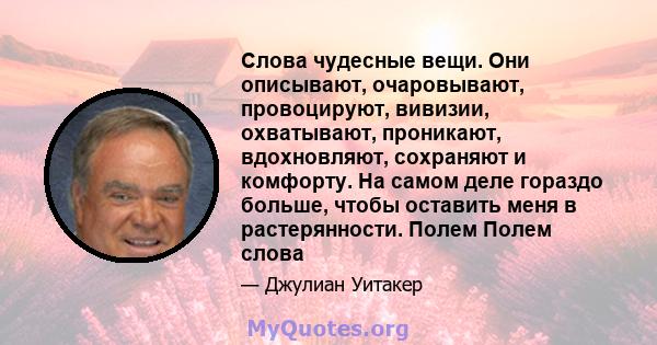 Слова чудесные вещи. Они описывают, очаровывают, провоцируют, вивизии, охватывают, проникают, вдохновляют, сохраняют и комфорту. На самом деле гораздо больше, чтобы оставить меня в растерянности. Полем Полем слова