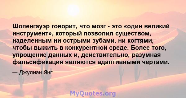 Шопенгауэр говорит, что мозг - это «один великий инструмент», который позволил существом, наделенным ни острыми зубами, ни когтями, чтобы выжить в конкурентной среде. Более того, упрощение данных и, действительно,