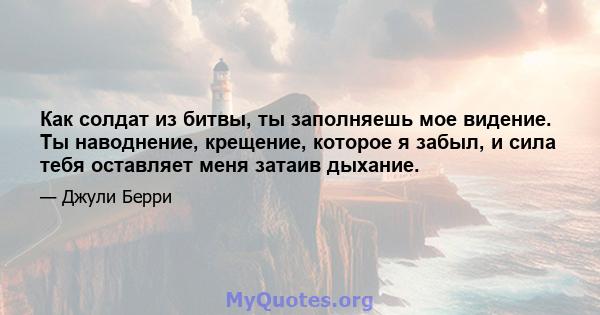 Как солдат из битвы, ты заполняешь мое видение. Ты наводнение, крещение, которое я забыл, и сила тебя оставляет меня затаив дыхание.