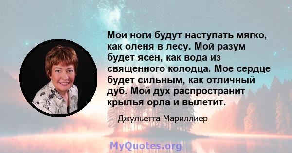 Мои ноги будут наступать мягко, как оленя в лесу. Мой разум будет ясен, как вода из священного колодца. Мое сердце будет сильным, как отличный дуб. Мой дух распространит крылья орла и вылетит.