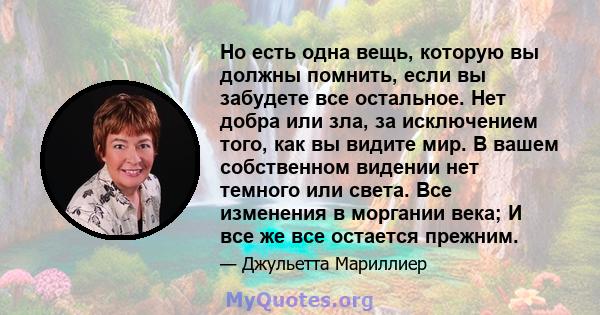 Но есть одна вещь, которую вы должны помнить, если вы забудете все остальное. Нет добра или зла, за исключением того, как вы видите мир. В вашем собственном видении нет темного или света. Все изменения в моргании века;