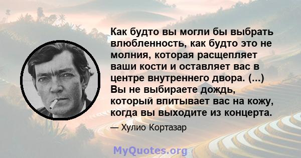 Как будто вы могли бы выбрать влюбленность, как будто это не молния, которая расщепляет ваши кости и оставляет вас в центре внутреннего двора. (...) Вы не выбираете дождь, который впитывает вас на кожу, когда вы