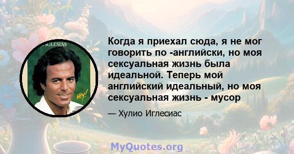 Когда я приехал сюда, я не мог говорить по -английски, но моя сексуальная жизнь была идеальной. Теперь мой английский идеальный, но моя сексуальная жизнь - мусор