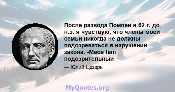 После развода Помпеи в 62 г. до н.э. я чувствую, что члены моей семьи никогда не должны подозреваться в нарушении закона. -Meos tam подозрительный