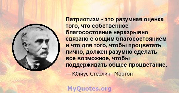 Патриотизм - это разумная оценка того, что собственное благосостояние неразрывно связано с общим благосостоянием и что для того, чтобы процветать лично, должен разумно сделать все возможное, чтобы поддерживать общее