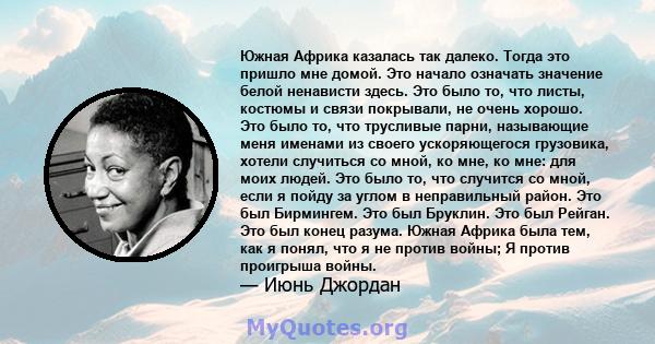 Южная Африка казалась так далеко. Тогда это пришло мне домой. Это начало означать значение белой ненависти здесь. Это было то, что листы, костюмы и связи покрывали, не очень хорошо. Это было то, что трусливые парни,