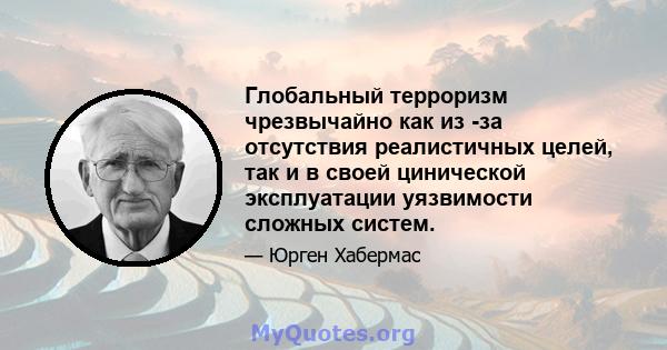 Глобальный терроризм чрезвычайно как из -за отсутствия реалистичных целей, так и в своей цинической эксплуатации уязвимости сложных систем.