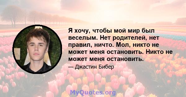 Я хочу, чтобы мой мир был веселым. Нет родителей, нет правил, ничто. Мол, никто не может меня остановить. Никто не может меня остановить.