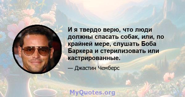 И я твердо верю, что люди должны спасать собак, или, по крайней мере, слушать Боба Баркера и стерилизовать или кастрированные.