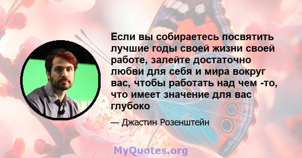 Если вы собираетесь посвятить лучшие годы своей жизни своей работе, залейте достаточно любви для себя и мира вокруг вас, чтобы работать над чем -то, что имеет значение для вас глубоко