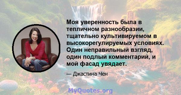 Моя уверенность была в тепличном разнообразии, тщательно культивируемом в высокорегулируемых условиях. Один неправильный взгляд, один подлый комментарий, и мой фасад увядает.