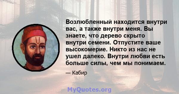 Возлюбленный находится внутри вас, а также внутри меня. Вы знаете, что дерево скрыто внутри семени. Отпустите ваше высокомерие. Никто из нас не ушел далеко. Внутри любви есть больше силы, чем мы понимаем.