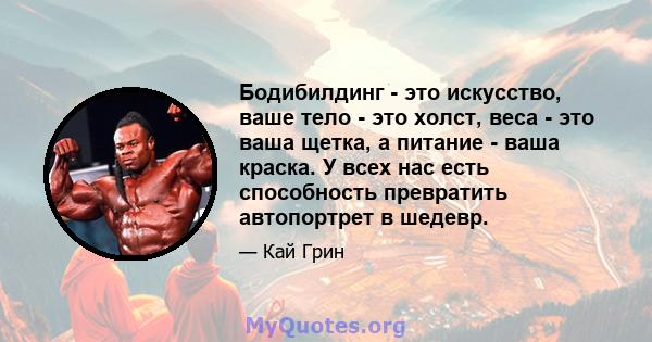 Бодибилдинг - это искусство, ваше тело - это холст, веса - это ваша щетка, а питание - ваша краска. У всех нас есть способность превратить автопортрет в шедевр.