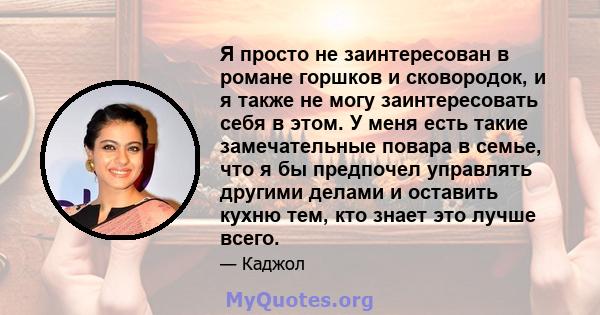 Я просто не заинтересован в романе горшков и сковородок, и я также не могу заинтересовать себя в этом. У меня есть такие замечательные повара в семье, что я бы предпочел управлять другими делами и оставить кухню тем,