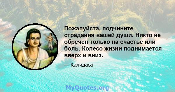 Пожалуйста, подчините страдания вашей души. Никто не обречен только на счастье или боль. Колесо жизни поднимается вверх и вниз.