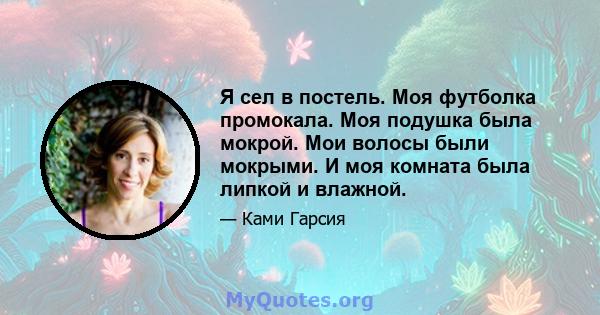 Я сел в постель. Моя футболка промокала. Моя подушка была мокрой. Мои волосы были мокрыми. И моя комната была липкой и влажной.