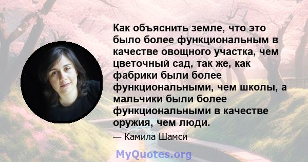 Как объяснить земле, что это было более функциональным в качестве овощного участка, чем цветочный сад, так же, как фабрики были более функциональными, чем школы, а мальчики были более функциональными в качестве оружия,