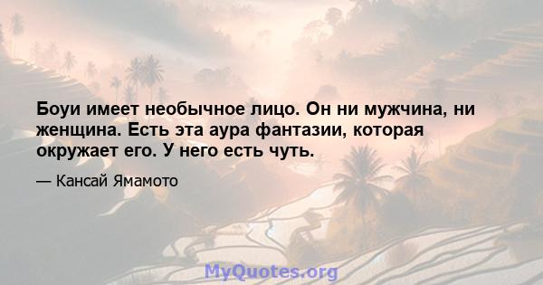 Боуи имеет необычное лицо. Он ни мужчина, ни женщина. Есть эта аура фантазии, которая окружает его. У него есть чуть.