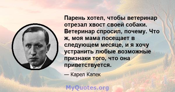 Парень хотел, чтобы ветеринар отрезал хвост своей собаки. Ветеринар спросил, почему. Что ж, моя мама посещает в следующем месяце, и я хочу устранить любые возможные признаки того, что она приветствуется.