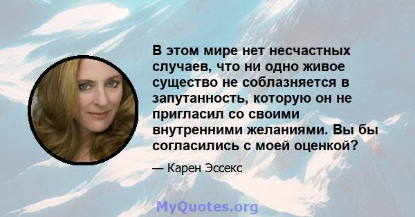 В этом мире нет несчастных случаев, что ни одно живое существо не соблазняется в запутанность, которую он не пригласил со своими внутренними желаниями. Вы бы согласились с моей оценкой?