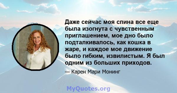 Даже сейчас моя спина все еще была изогнута с чувственным приглашением, мое дно было подталкивалось, как кошка в жаре, и каждое мое движение было гибким, извилистым. Я был одним из больших приходов.