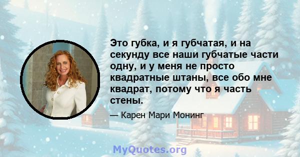 Это губка, и я губчатая, и на секунду все наши губчатые части одну, и у меня не просто квадратные штаны, все обо мне квадрат, потому что я часть стены.