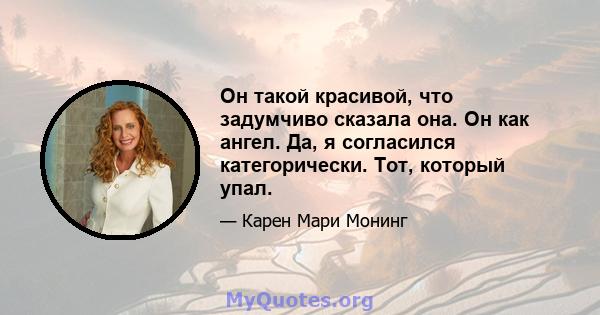 Он такой красивой, что задумчиво сказала она. Он как ангел. Да, я согласился категорически. Тот, который упал.