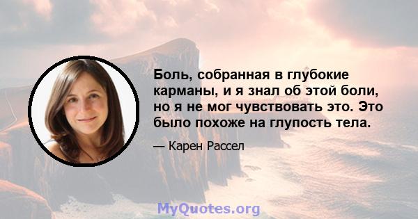 Боль, собранная в глубокие карманы, и я знал об этой боли, но я не мог чувствовать это. Это было похоже на глупость тела.