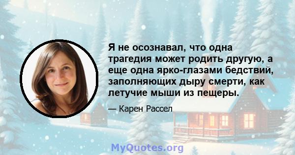 Я не осознавал, что одна трагедия может родить другую, а еще одна ярко-глазами бедствий, заполняющих дыру смерти, как летучие мыши из пещеры.