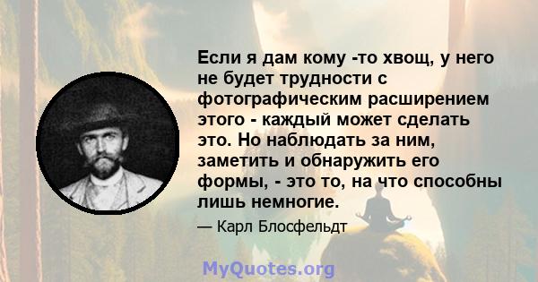 Если я дам кому -то хвощ, у него не будет трудности с фотографическим расширением этого - каждый может сделать это. Но наблюдать за ним, заметить и обнаружить его формы, - это то, на что способны лишь немногие.