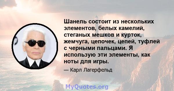 Шанель состоит из нескольких элементов, белых камелий, стеганых мешков и курток, жемчуга, цепочек, цепей, туфлей с черными пальцами. Я использую эти элементы, как ноты для игры.