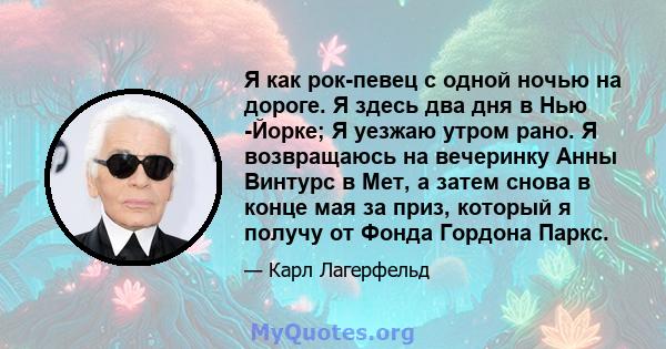 Я как рок-певец с одной ночью на дороге. Я здесь два дня в Нью -Йорке; Я уезжаю утром рано. Я возвращаюсь на вечеринку Анны Винтурс в Мет, а затем снова в конце мая за приз, который я получу от Фонда Гордона Паркс.