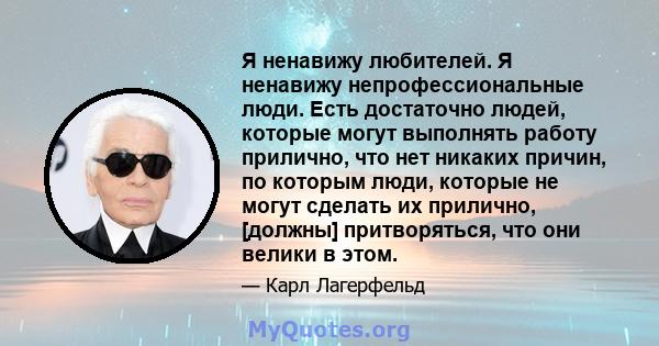 Я ненавижу любителей. Я ненавижу непрофессиональные люди. Есть достаточно людей, которые могут выполнять работу прилично, что нет никаких причин, по которым люди, которые не могут сделать их прилично, [должны]