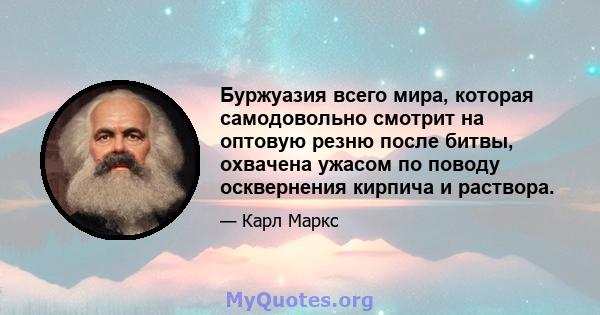 Буржуазия всего мира, которая самодовольно смотрит на оптовую резню после битвы, охвачена ужасом по поводу осквернения кирпича и раствора.